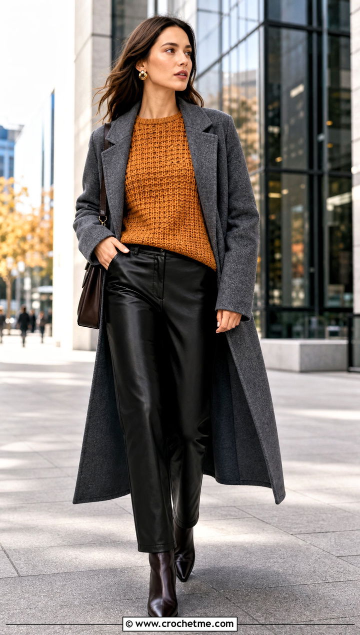Long Sleeve Tunisian Crochet Top With Leather Pants - 30 tunisian crochet top outfit ideas
