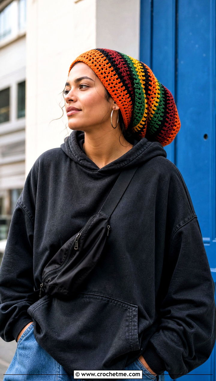 Long Slouch Rasta Beanie With Oversized Hoodie - 25 crochet rasta beanie outfit ideas