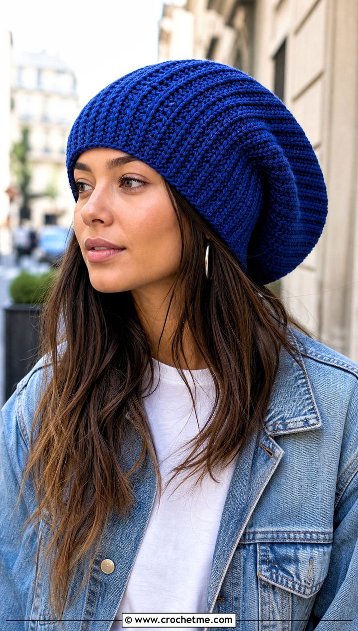 Long Slouchy Crochet Hat With Denim Jacket - 30 crochet long hat outfit ideas