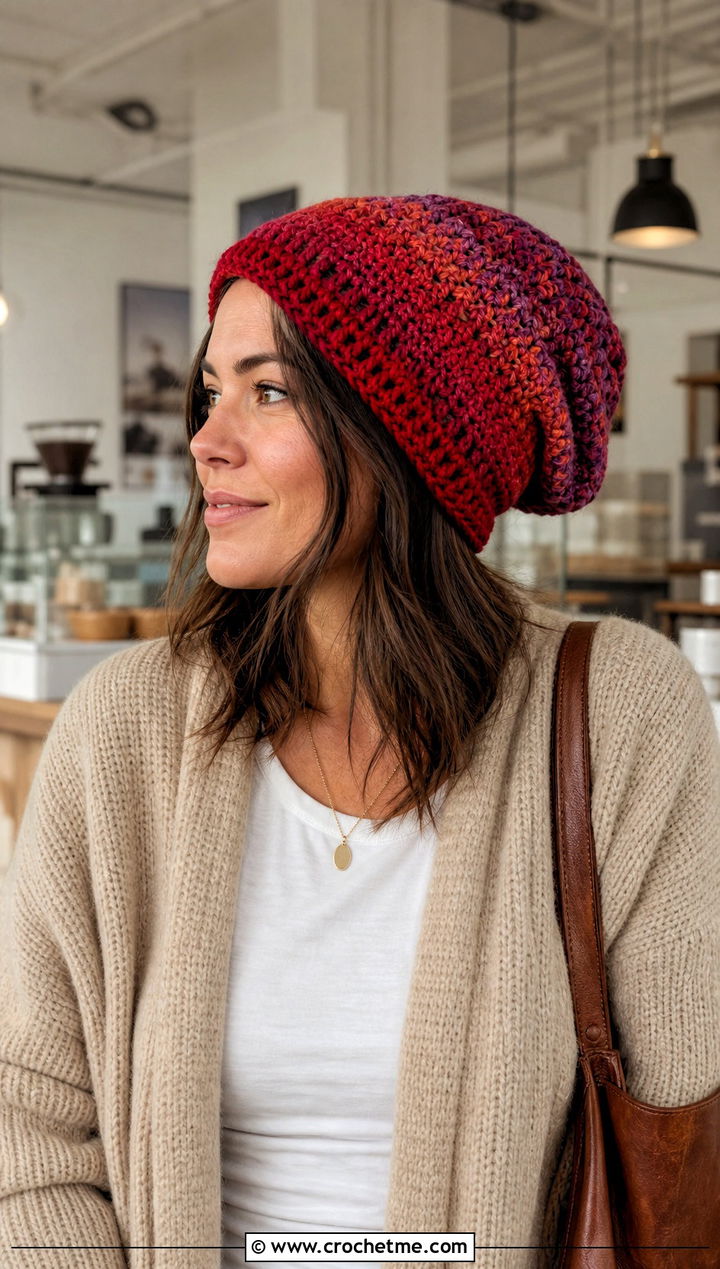 Long Slouchy Scrap Yarn Crochet Beanie With Cardigan - 30 scrap yarn crochet beanie outfit ideas