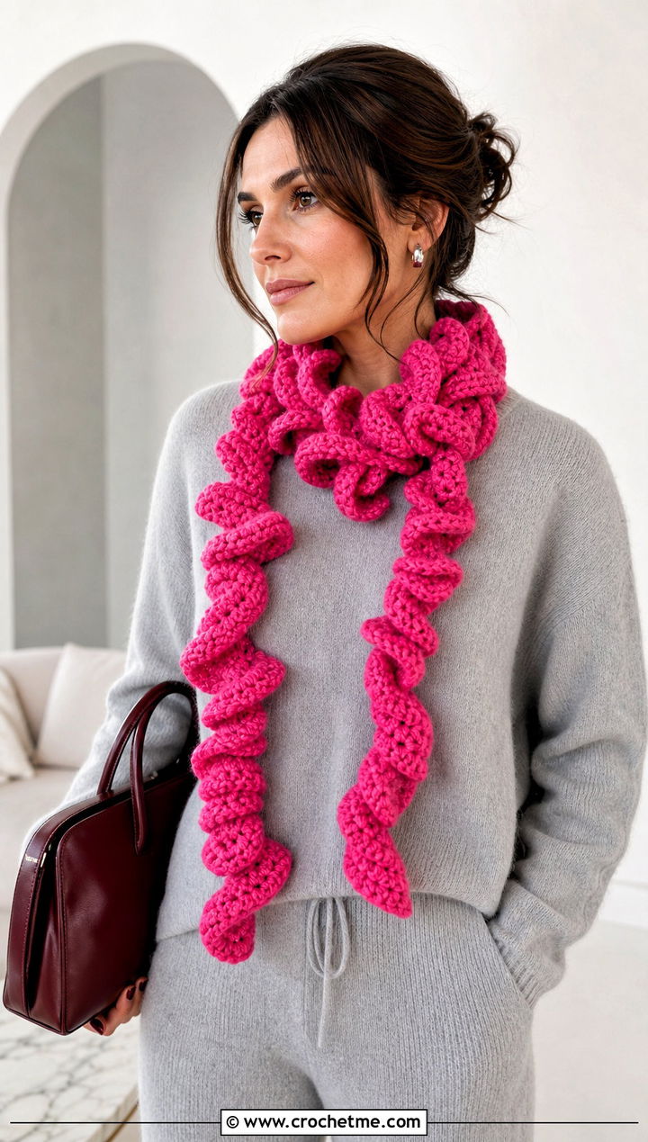 Long Spiral Crochet Scarf With Monochrome Knitwear - 15 easy spiral crochet scarf outfit ideas
