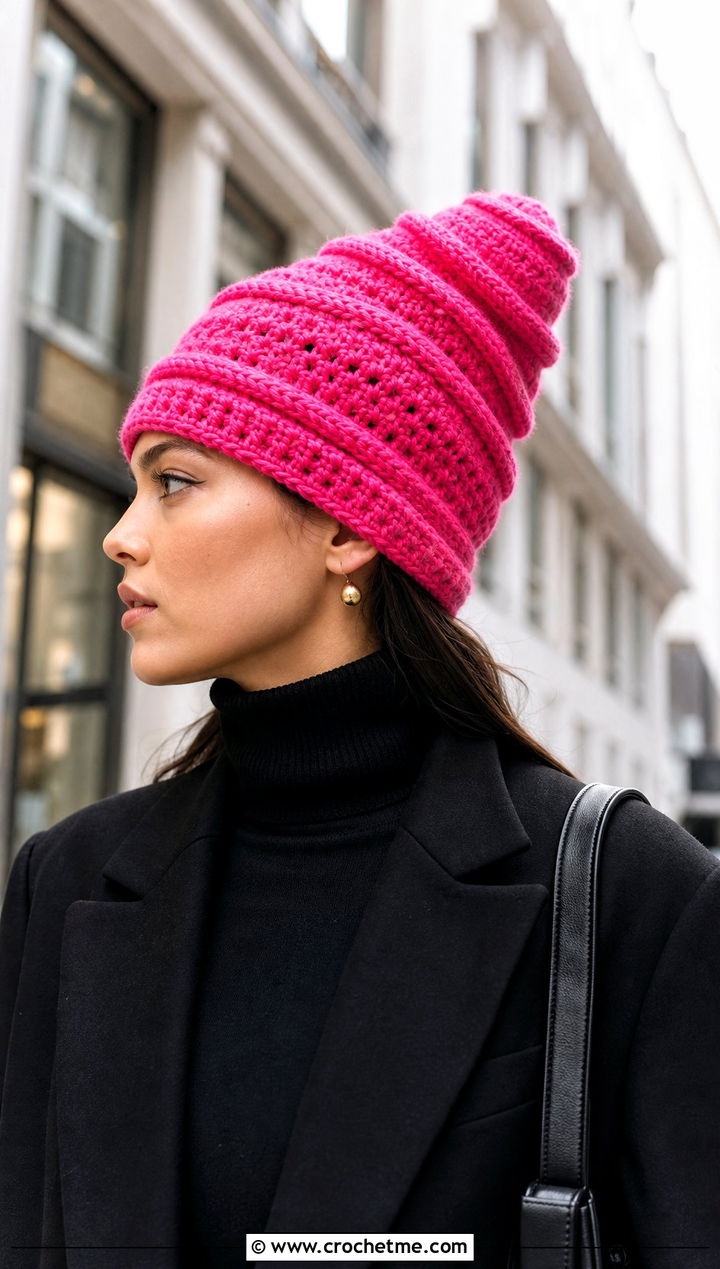 Long Spiral Stitch Crochet Hat With Monochrome Outfit - 25 Long Crochet Hat outfit ideas