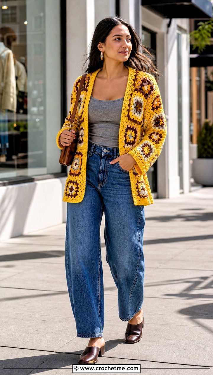 Long Square Affair Crochet Jacket With Barrel Leg Jeans - 20 Long Square Affair Crochet Jacket outfit ideas