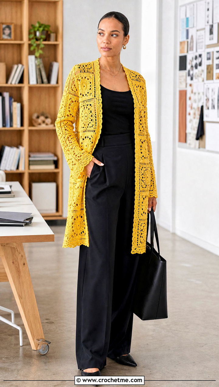 Long Square Affair Crochet Jacket With Black Wide Leg Pants - 20 Long Square Affair Crochet Jacket outfit ideas