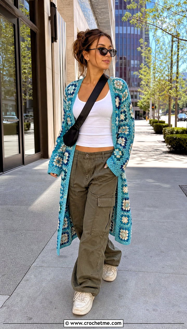 Long Square Affair Crochet Jacket With Cargo Pants - 20 Long Square Affair Crochet Jacket outfit ideas