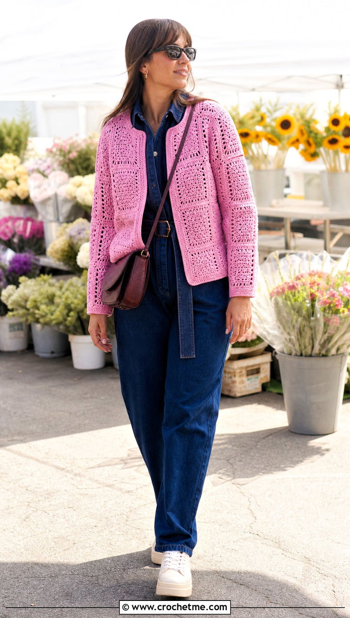 Long Square Affair Crochet Jacket With Denim Jumpsuit - 20 Long Square Affair Crochet Jacket outfit ideas