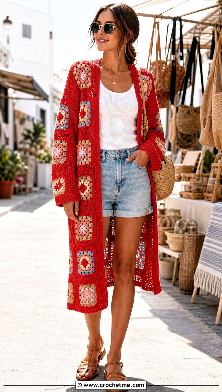 Long Square Affair Crochet Jacket With Denim Shorts - 20 Long Square Affair Crochet Jacket outfit ideas