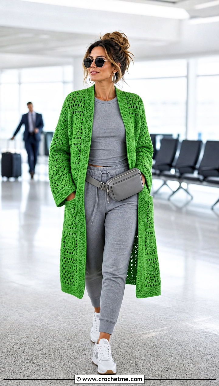 Long Square Affair Crochet Jacket With Joggers And Sneakers - 20 Long Square Affair Crochet Jacket outfit ideas