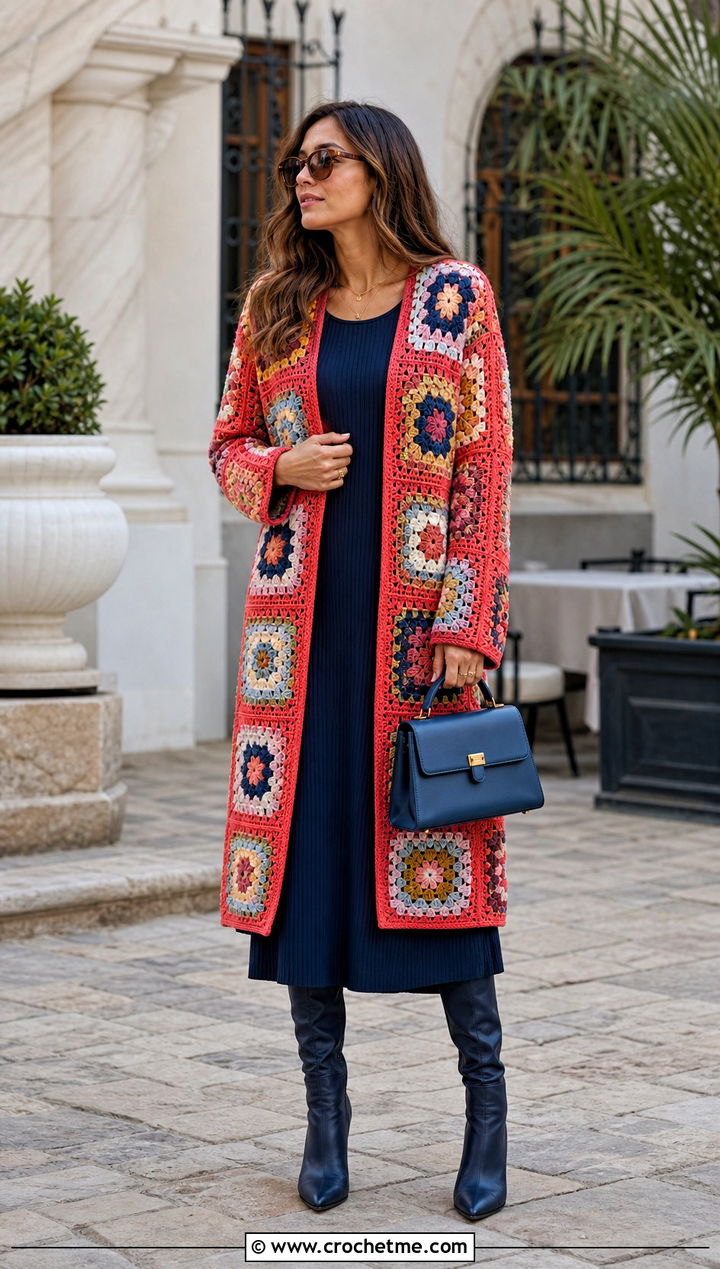 Long Square Affair Crochet Jacket With Knit Dress - 20 Long Square Affair Crochet Jacket outfit ideas
