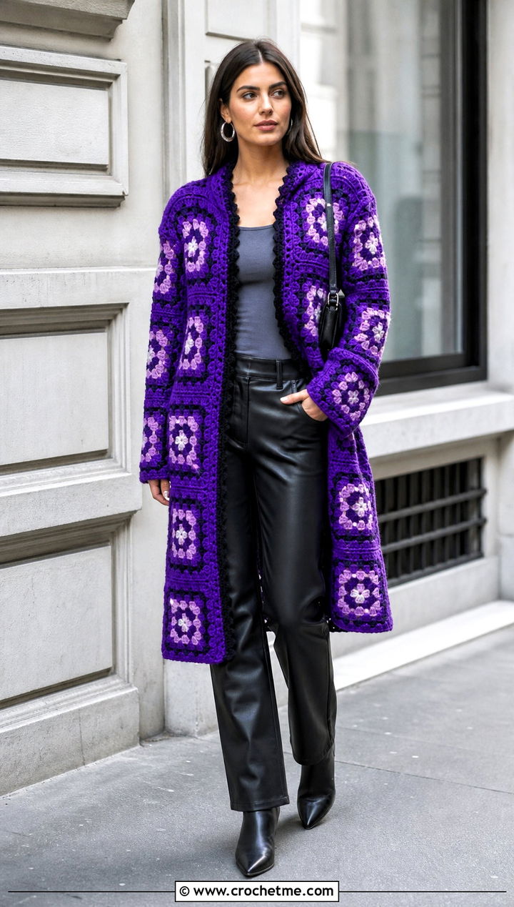 Long Square Affair Crochet Jacket With Leather Pants - 20 Long Square Affair Crochet Jacket outfit ideas