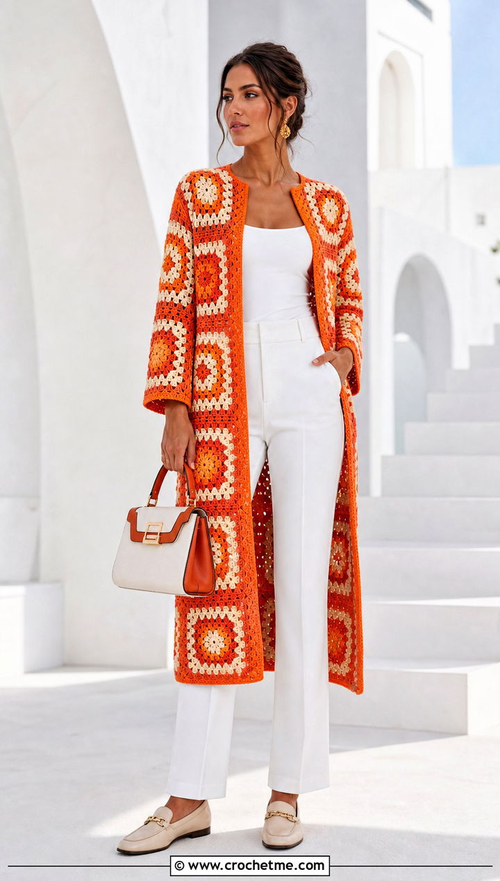 Long Square Affair Crochet Jacket With Monochrome White Outfit - 20 Long Square Affair Crochet Jacket outfit ideas