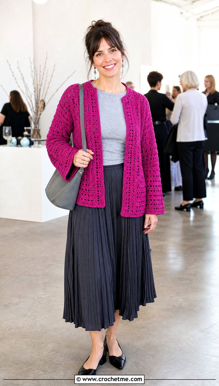 Long Square Affair Crochet Jacket With Pleated Midi Skirt - 20 Long Square Affair Crochet Jacket outfit ideas