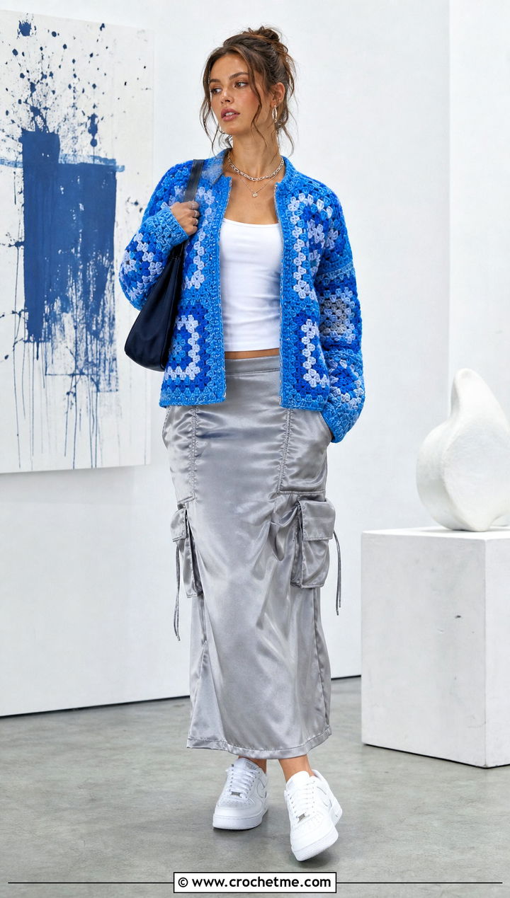 Long Square Affair Crochet Jacket With Satin Cargo Skirt - 20 Long Square Affair Crochet Jacket outfit ideas