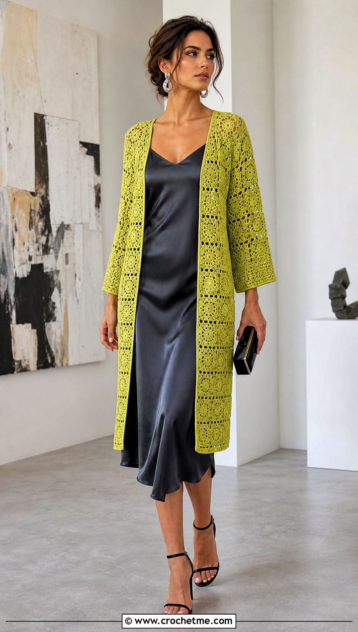 Long Square Affair Crochet Jacket With Satin Slip Dress - 20 Long Square Affair Crochet Jacket outfit ideas
