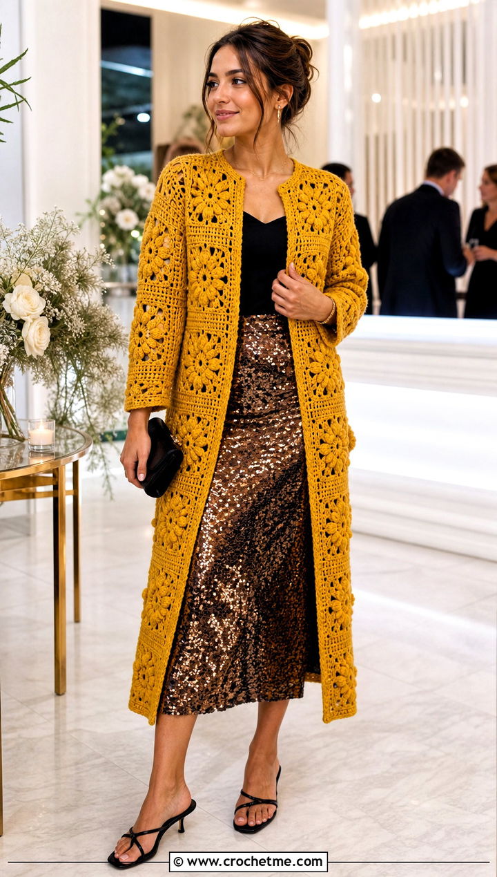 Long Square Affair Crochet Jacket With Sequin Skirt - 20 Long Square Affair Crochet Jacket outfit ideas