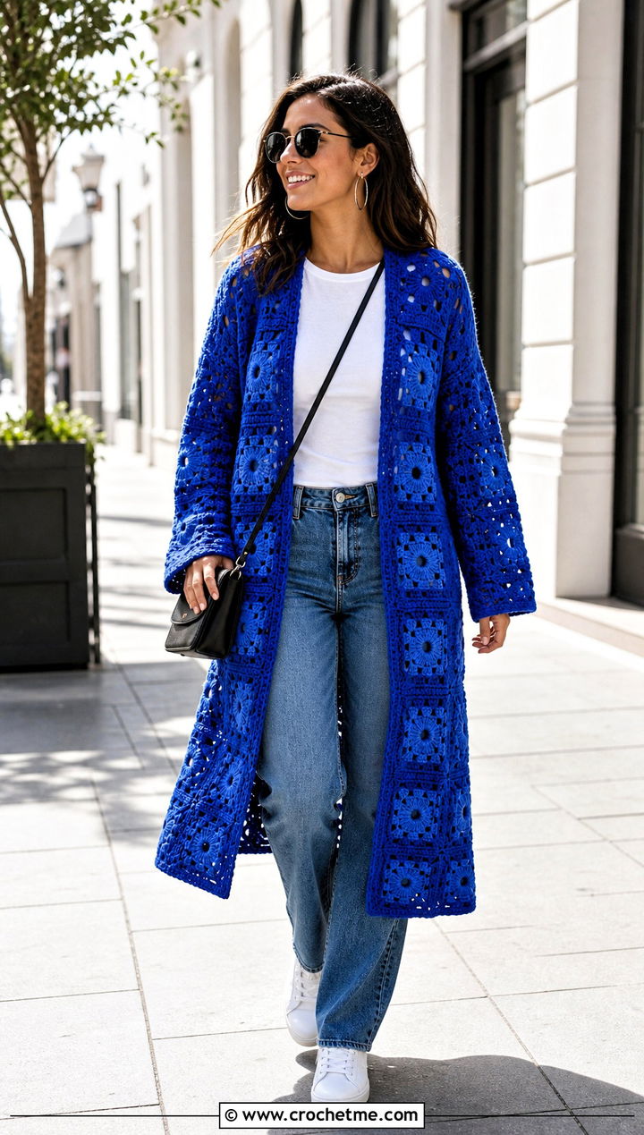 Long Square Affair Crochet Jacket With Straight Leg Jeans - 20 Long Square Affair Crochet Jacket outfit ideas