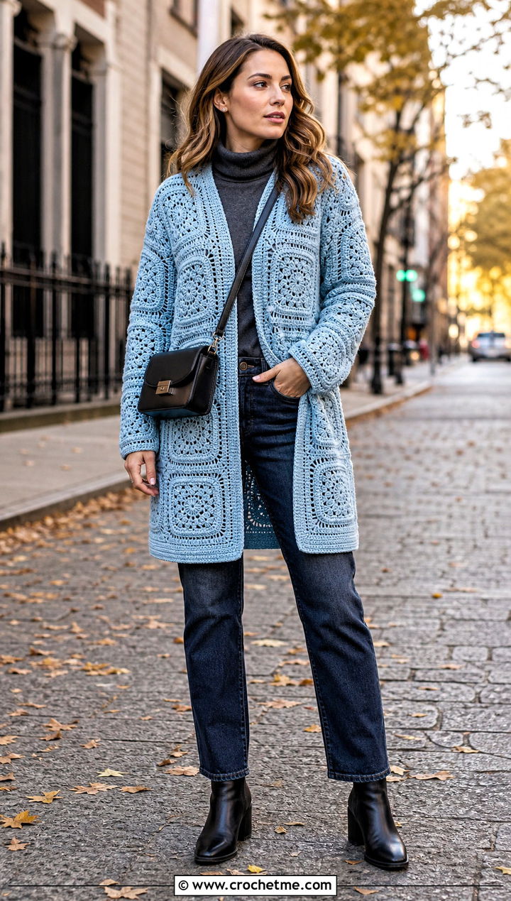 Long Square Affair Crochet Jacket With Turtleneck And Jeans - 20 Long Square Affair Crochet Jacket outfit ideas