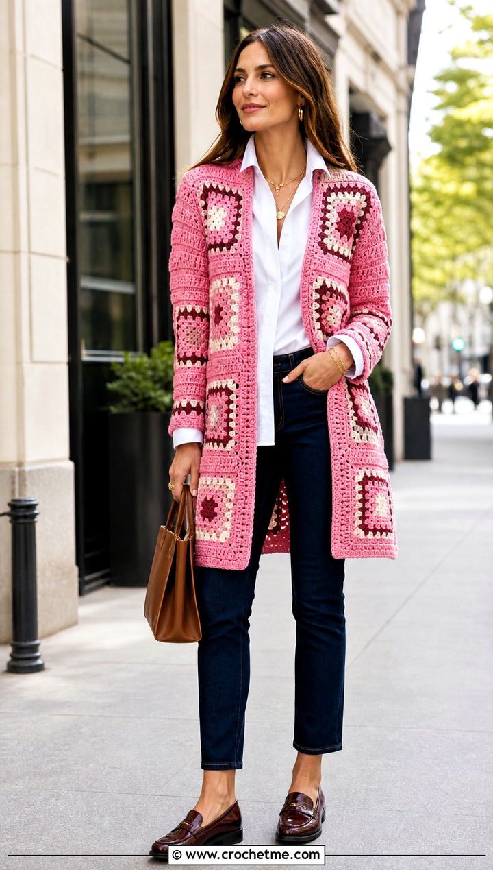 Long Square Affair Crochet Jacket With White Button Down Shirt - 20 Long Square Affair Crochet Jacket outfit ideas