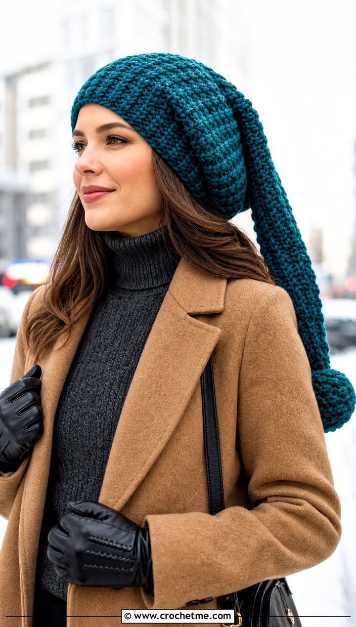 Long Stocking Crochet Cap With Wool Coat - 25 Long Crochet Hat outfit ideas