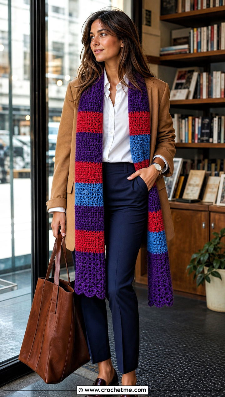 Long Stole Wrap With Blazer And Loafers - 15 Colorful Striped Crochet Wrap outfit ideas