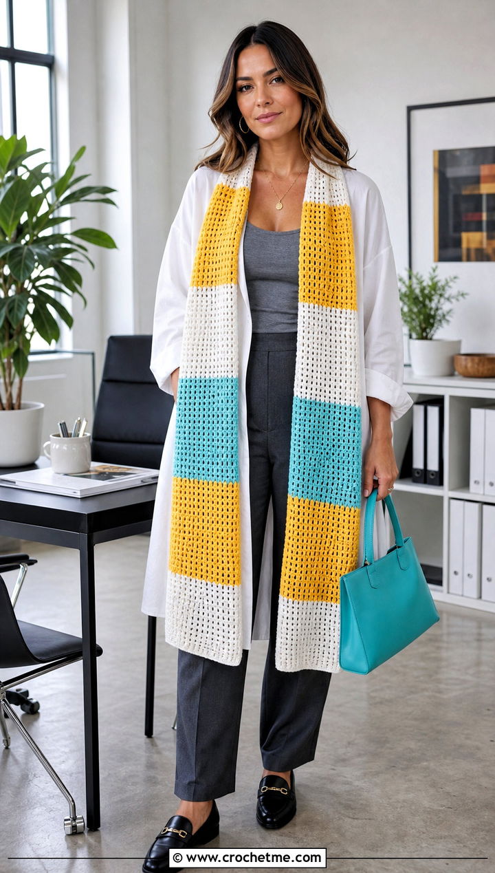 Long Striped Color Block Crochet Scarf With Tailored Pants - 25 Color Block Crochet Scarf outfit ideas