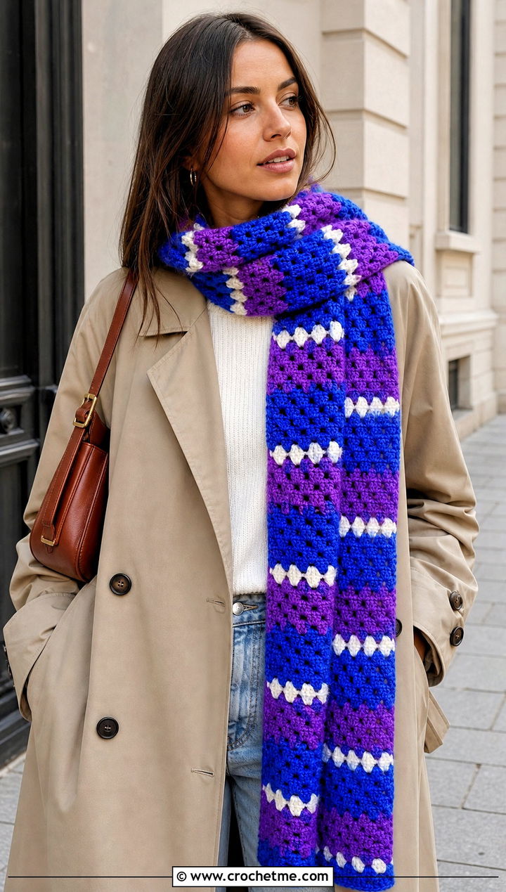Long Striped Crochet Granny Stitch Scarf With Trench Coat - 30 crochet granny stitch scarf outfit ideas