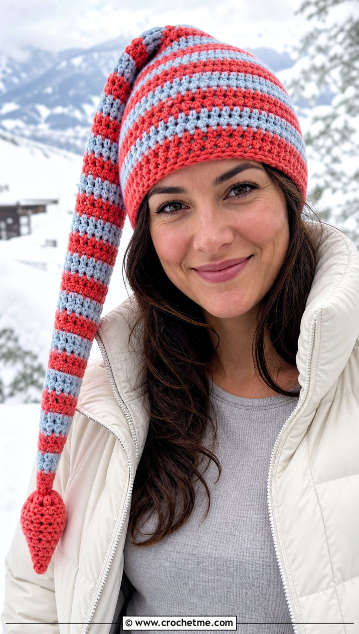 Long Striped Crochet Stocking Hat With Puffer Jacket - 25 Long Crochet Hat outfit ideas