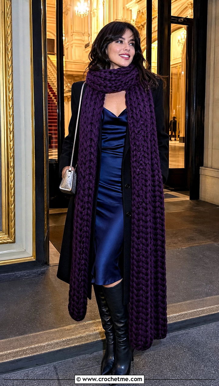 Long Super Chunky Crochet Scarf With Slip Dress And Tailored Coat - 15 Thick Crochet Scarf outfit ideas