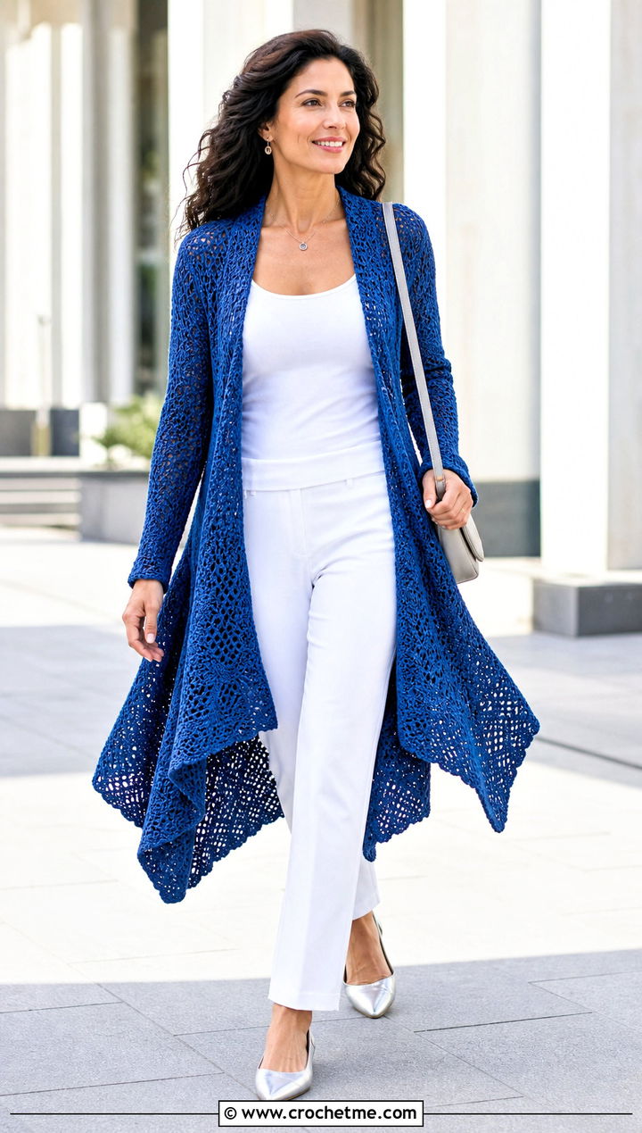 Long Tail Circle Crochet Cardigan With Monochrome Basics - 25 circle crochet cardigan outfit ideas