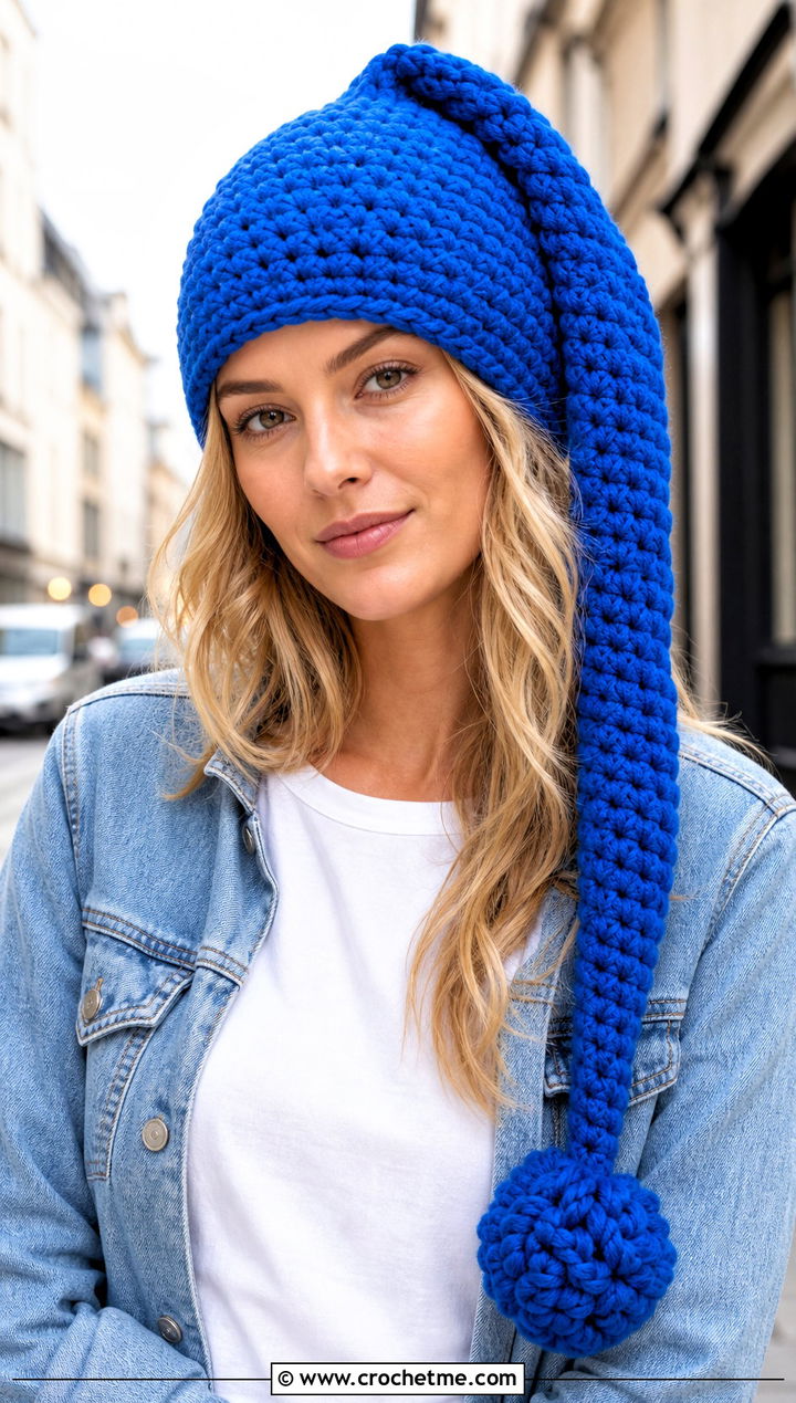 Long Tail Crochet Cindy Lou Who Hat With Denim Jacket - 20 Crochet Cindy Lou Who Hat outfit ideas