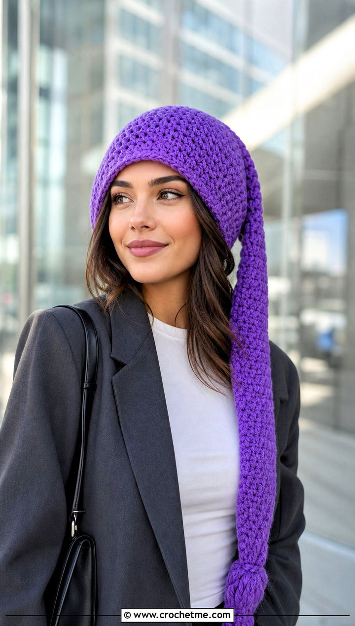 Long Tail Crochet Hat With Blazer And Jeans - 30 crochet long hat outfit ideas