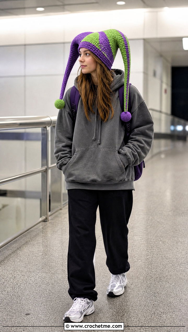 Long Tail Crochet Pomni Hat With Oversized Hoodie - 35 Crochet Pomni Hat outfit ideas
