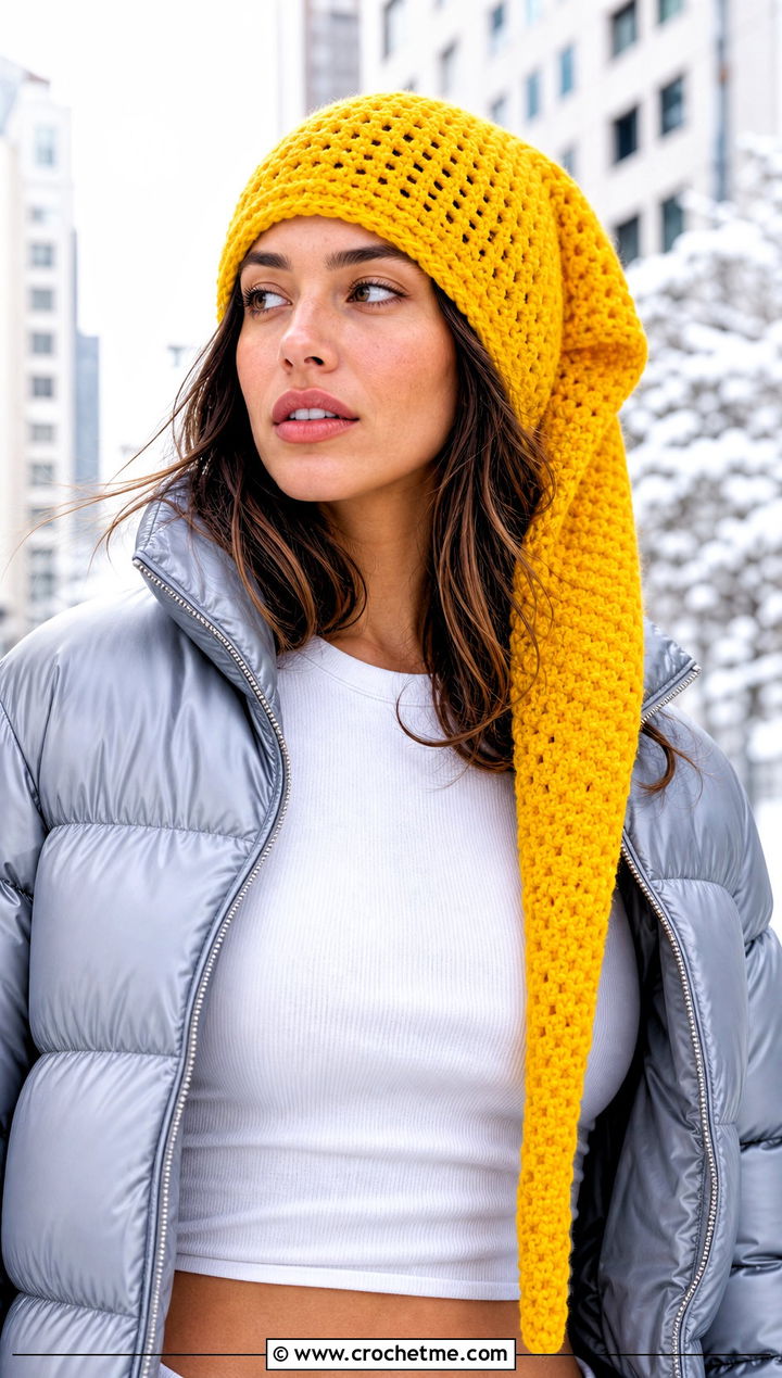 Long Tail Crochet Stocking Cap With Puffer Jacket - 30 crochet stocking cap outfit ideas