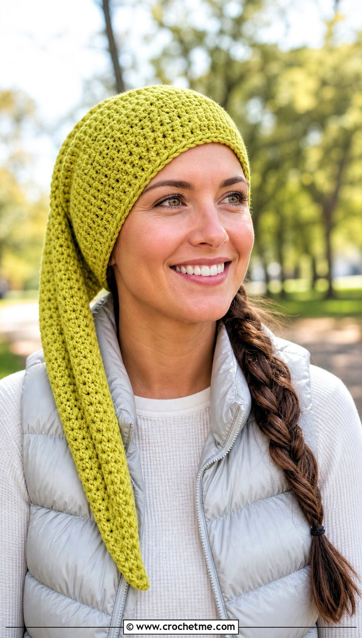 Long Tail Crochet Stocking Cap With Puffer Vest and Leggings - 20 Pointed Crochet Hat outfit ideas