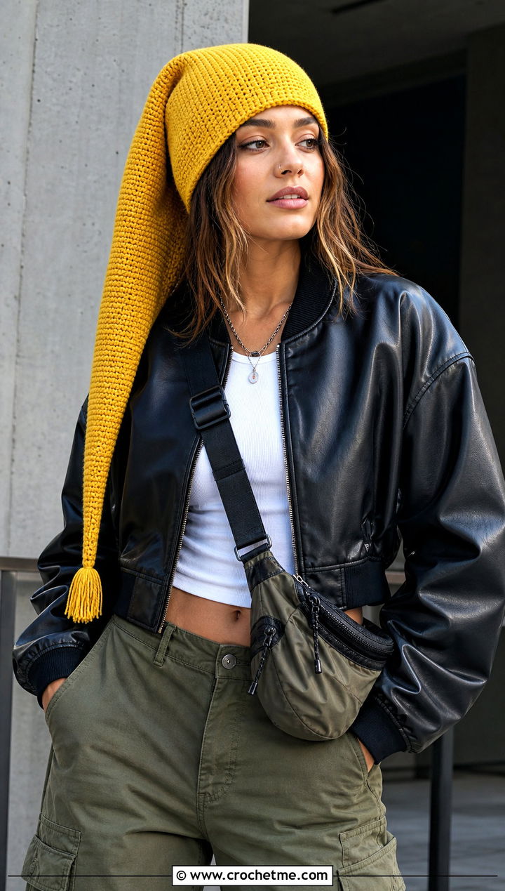 Long Tail Elf Crochet Hat With Leather Bomber And Cargo Pants - 25 pointy crochet hat outfit ideas