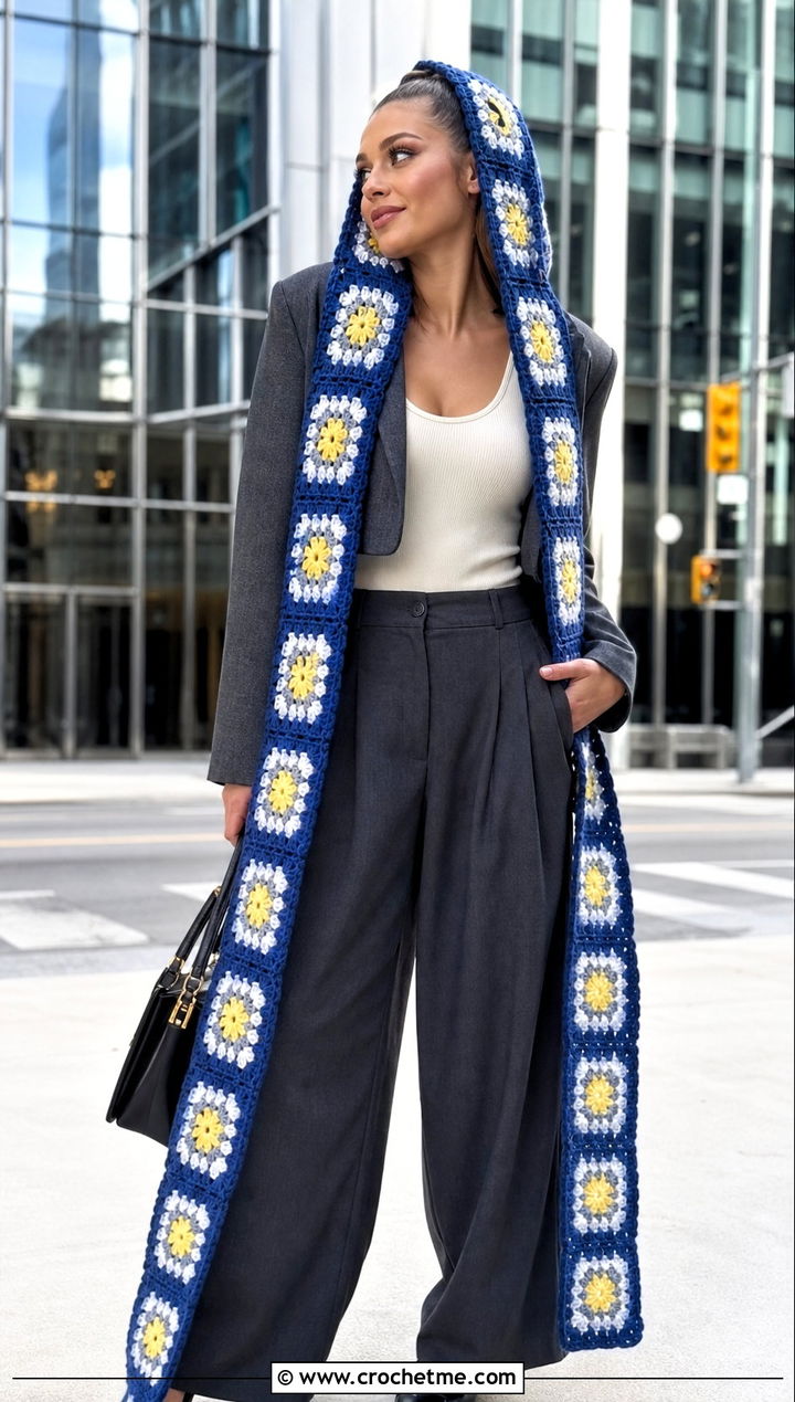 Long Tail Granny Square Crochet Hooded Scarf With Wide Leg Trousers - 30 Granny Square Crochet Hooded Scarf outfit ideas