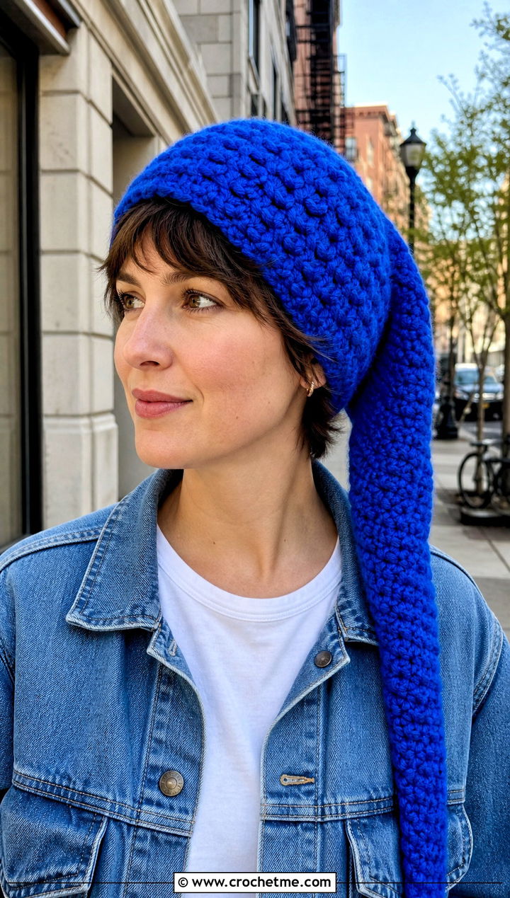 Long Tail Pixie Crochet Pointed Hat With Denim Jacket - 25 Crochet Pointed Hat outfit ideas