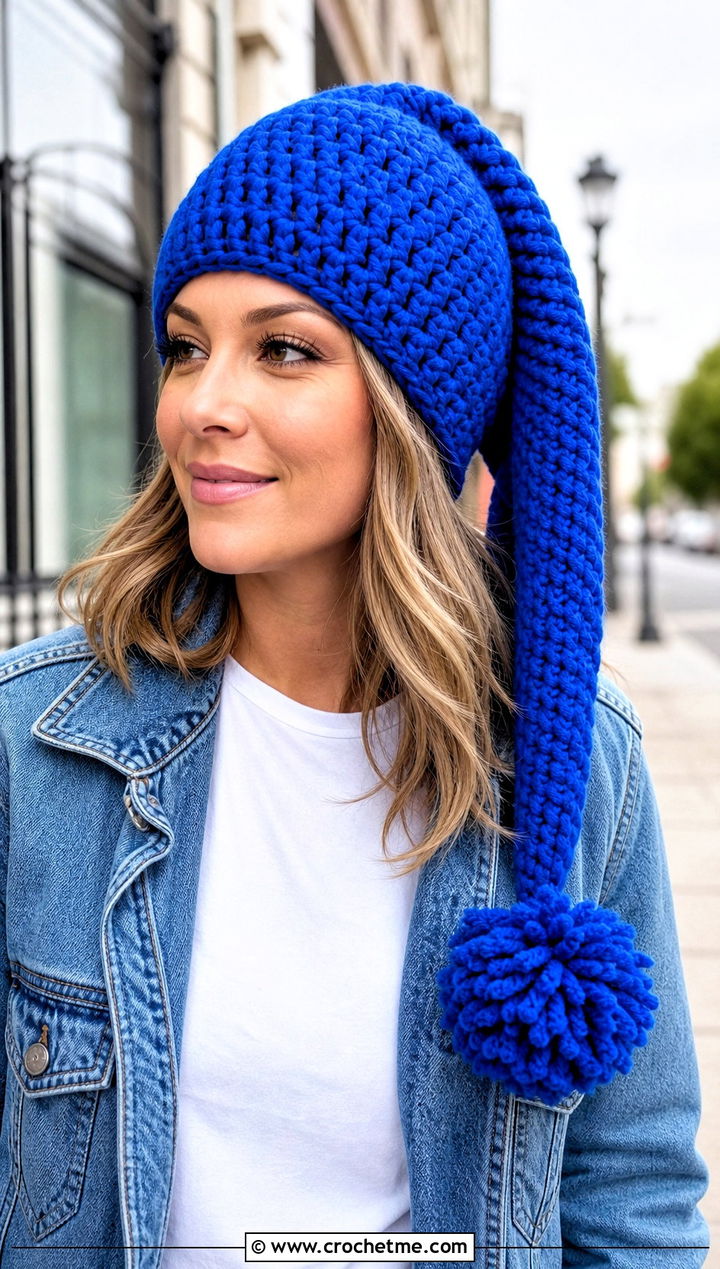 Long Tail Pom Pom Crochet Stocking Hat With Denim Jacket - 25 easy crochet stocking hat outfit ideas