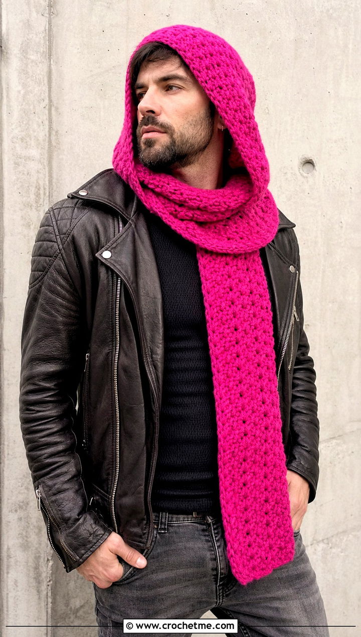Long Tail Scoodie With Leather Jacket - 20 Crochet Hooded Scarf For Men outfit ideas