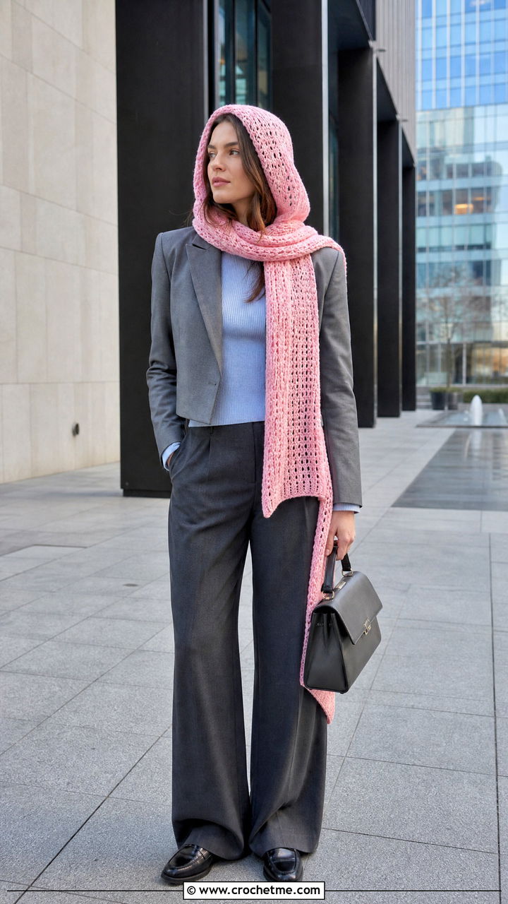 Long Tail Scoodie With Wide Leg Trousers - 35 crochet hooded scarf outfit ideas