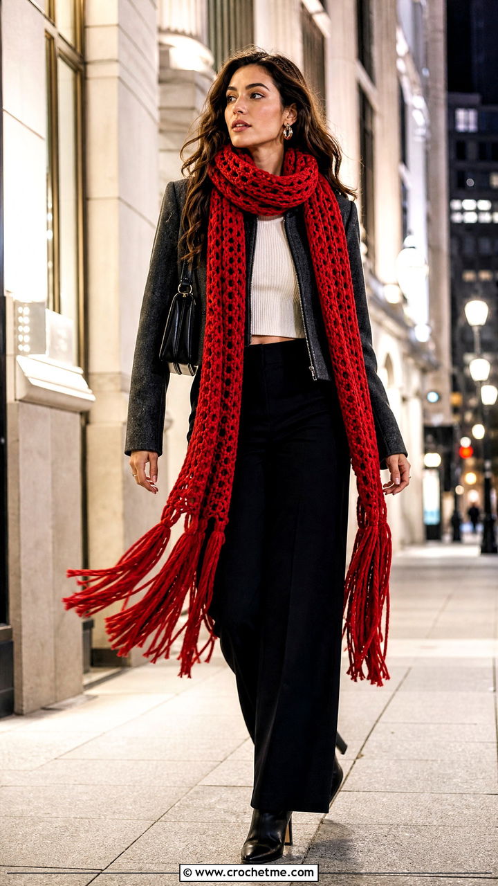 Long Tassel Crochet Blanket Scarf With Cropped Jacket - 35 crochet blanket scarf outfit ideas