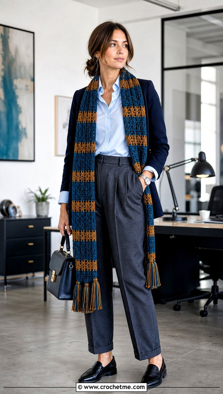 Long Tassel Crochet Ravenclaw Scarf With Tailored Trousers - 35 crochet ravenclaw scarf outfit ideas