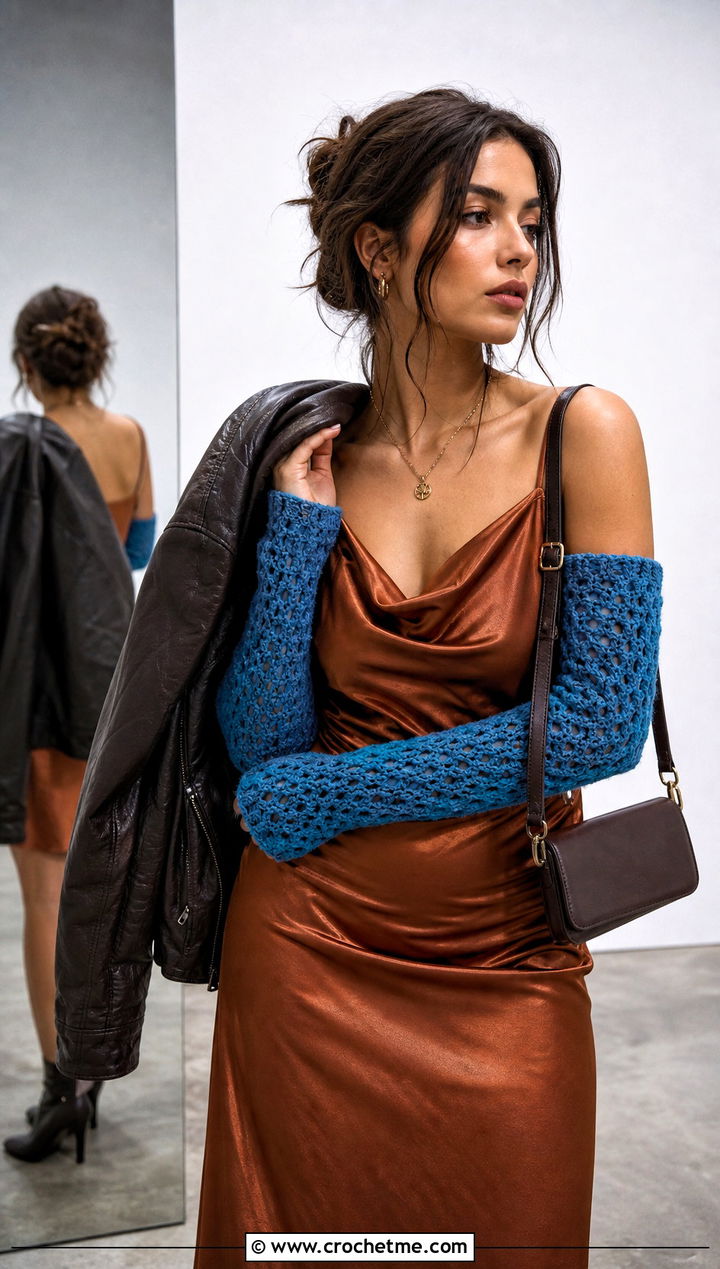 Long Textured Crochet Arm Warmers With Slip Dress - 30 easy crochet hand warmers outfit ideas