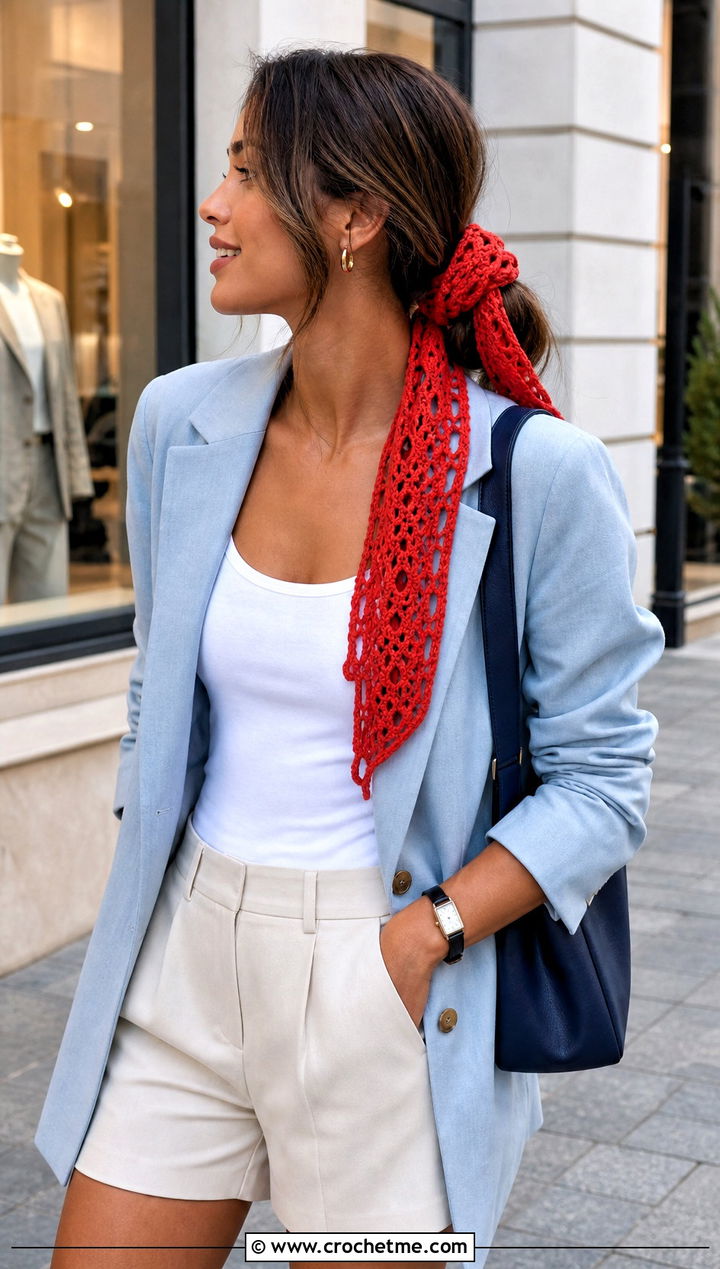 Long Tie Crochet Hair Scarf Wrap With Shorts And Blazer - 30 crochet hair wraps outfit ideas