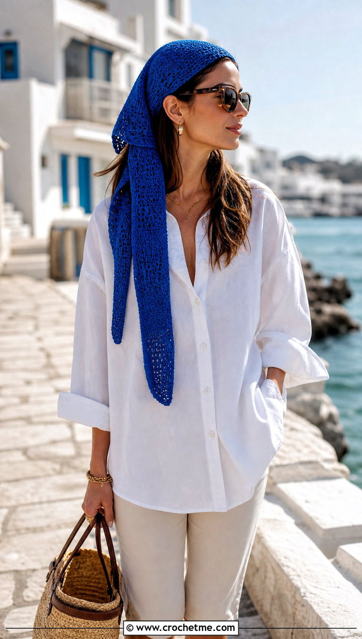 Long Tie Crochet Kerchief With Button Down Shirt and Capri Pants - 25 Crochet Boho Head Scarf outfit ideas