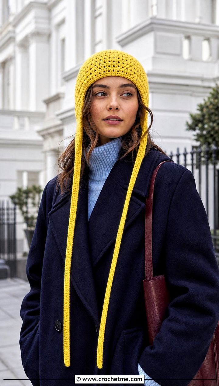 Long Tie Earflap Crochet Beanie With Maxi Coat - 25 Earflap Crochet Beanie outfit ideas