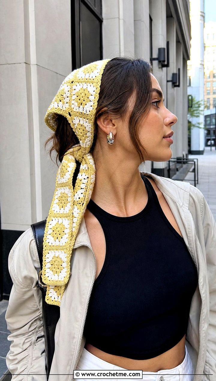 Long Tie Granny Square Hair Scarf With Tank And Parachute Pants - 25 granny square hair scarf outfit ideas