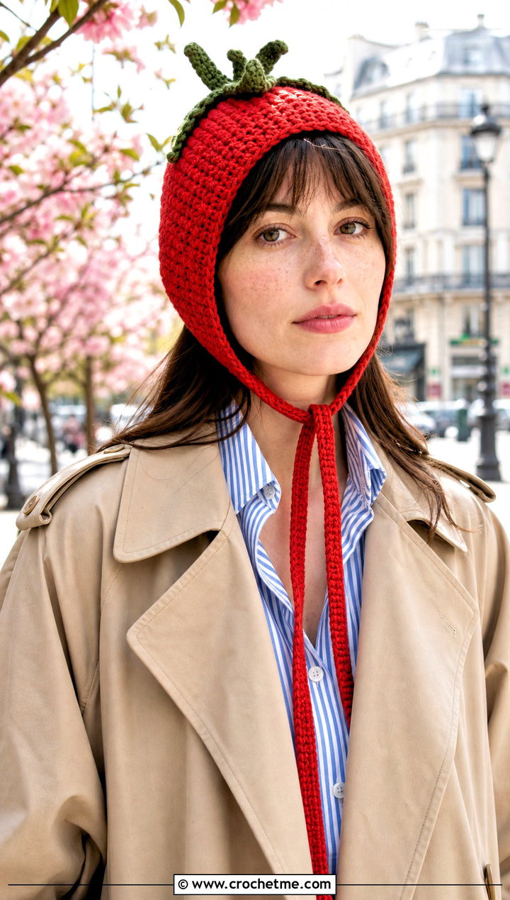 Long Tie Hood Bonnet With Trench Coat - 25 Crochet Hair Bonnet outfit ideas