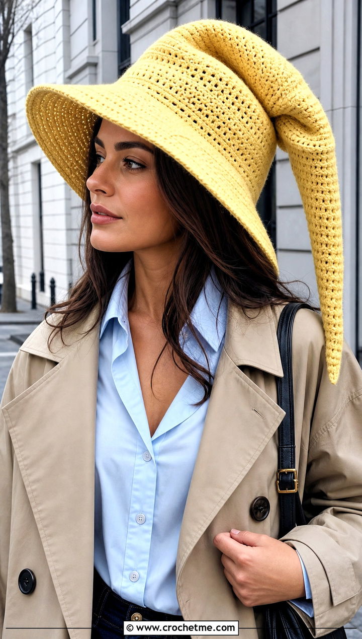 Long Tip Crochet Sorting Hat With Trench Coat - 35 crochet sorting hat outfit ideas
