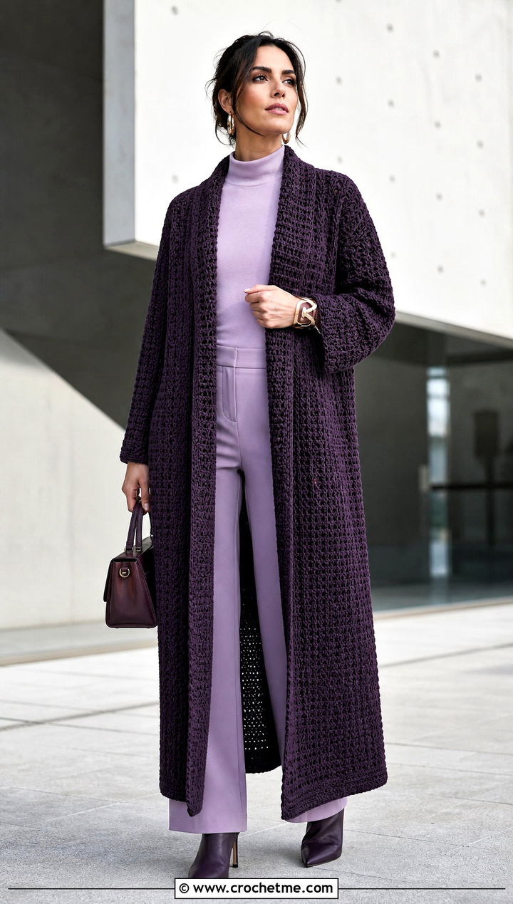 Long Tunisian Crochet Coat With Monochrome Separates - 20 Tunisian Crochet Clothing and outfit ideas